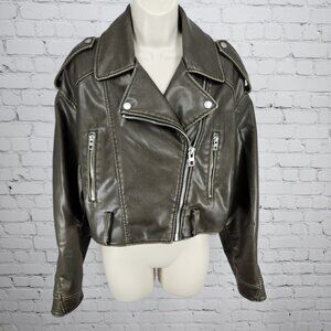 Zara Brown Faux Leather Moto Biker Cropped Full Zip Lined Jacket Medium M